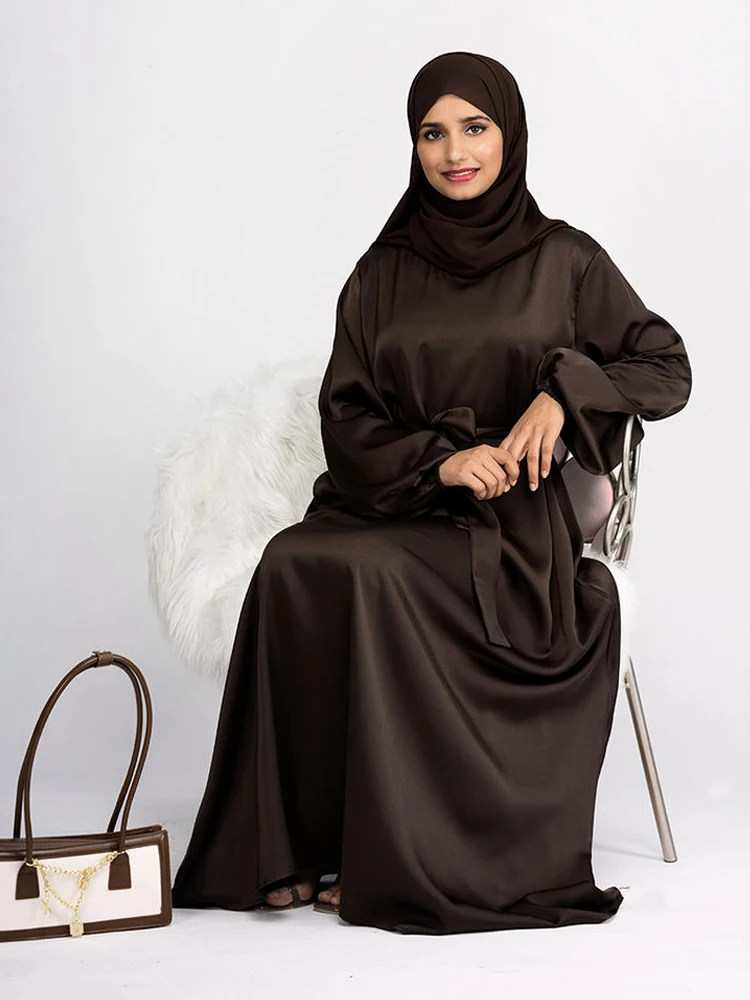 Muslim Women Dress Long Sleeves Ramadan Eid Dubai Abayas Satin Islam Clothing Hijab Robe Turkish Modest Outfit Kaftan (No Scarf)