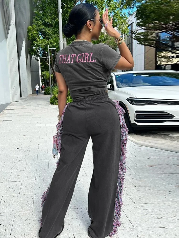 

Повседневный женский комплект из 2 предметов, спортивный костюм, спортивный укороченный топ с вышивкой букв + прямые брюки с боковой кисточкой, одинаковая уличная одежда