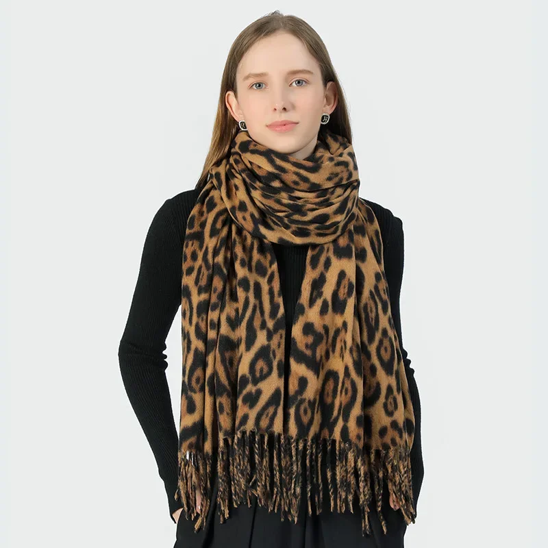 Spring and Autumn Versatile Leopard Pattern Warm Scarf Luxury Imitation Cashmere Packaging Fashion Women's Tassel Scarf