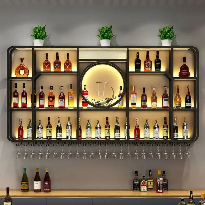 Bar background wall-mounted wine rack, bar forged iron luminous display rack, wine cabinet
