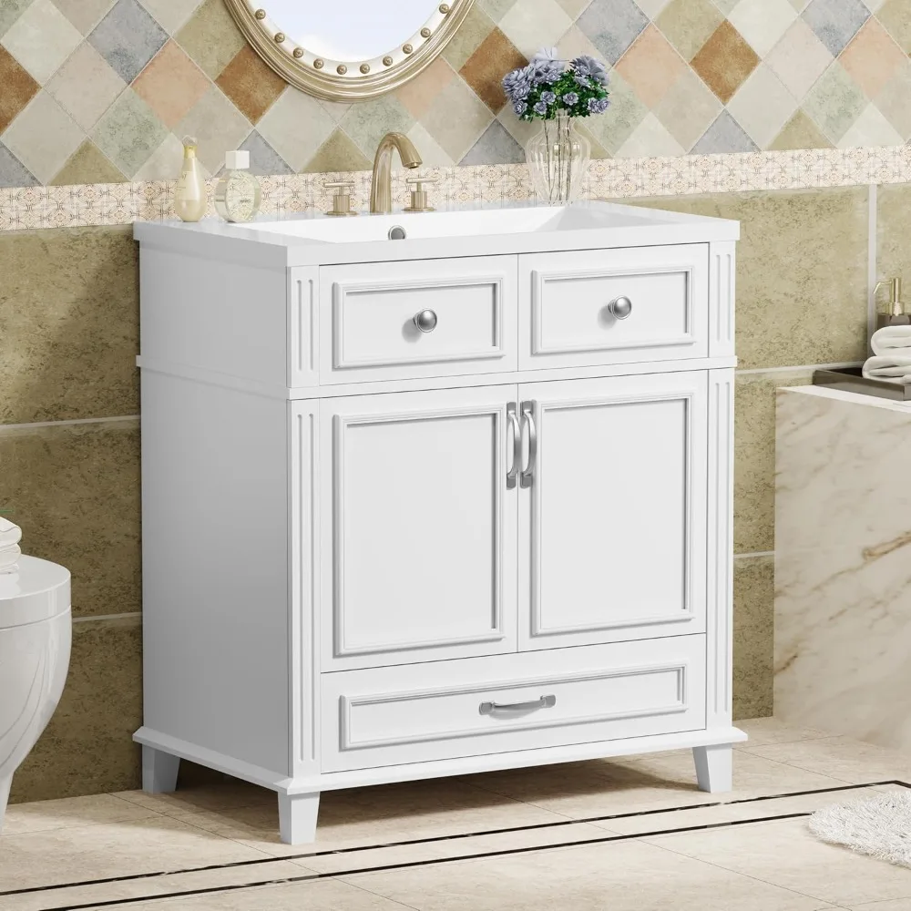 

30 Inch Modern Single Sink Bathroom Vanity with 2 Doors & 2 Drawers, Solid Wood Construction, White Sink Top with 3 Holes