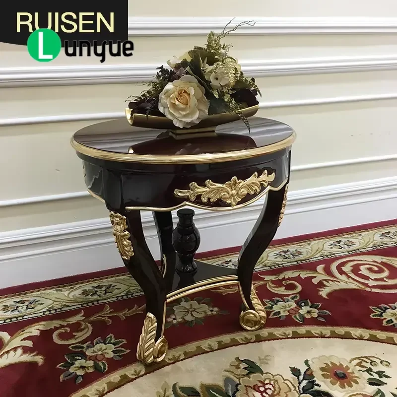 French Style Small Round Coffee Table European Court Burgundy Side Table for Living Room Bedroom Compact Design Elegant Decor