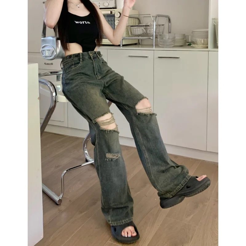 

Blue Women Jeans Worn-out Vintage Fashion High Waisted Streetwear Wide Leg Jean Female Trouser 2024 Hip Hop Baggy Denim Pants