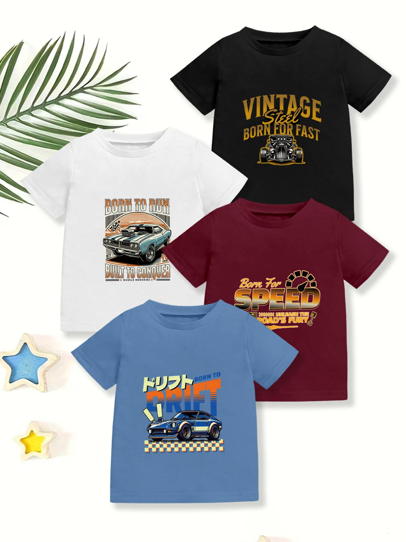 4 pieces: Boys Daily Casual T-shirt Car Kart English Print Summer Breathable Cotton Tee