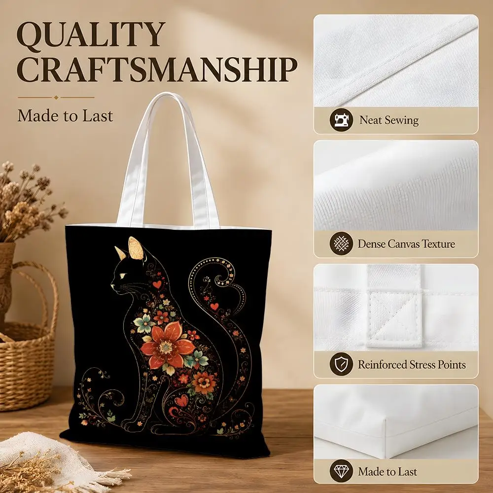 Beautiful Floral Cat Design Storage Bags Canvas Tote Bag Women Large Capacity Reusable Shopping Shoulder Bag Daily Handbag