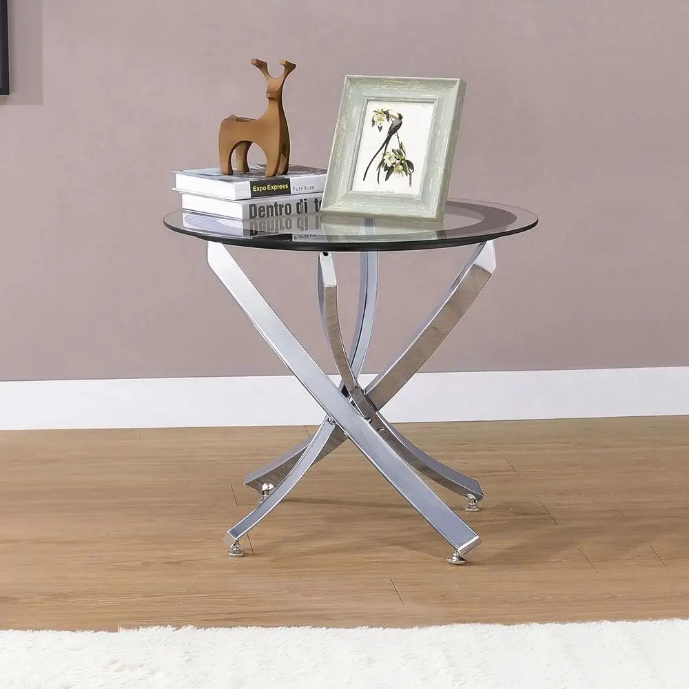 er Home urnishings Brooke Round Glass Top Side End Table Metal Base Chrome 702587