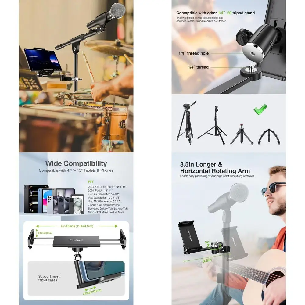 

Универсальный 360° ° Поворотный держатель для микрофона iPad для планшетов 4–13 лет, совместимый с iPads и iPhone