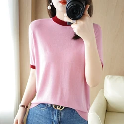 Color Matching Round Neck Thin Knitted Short-Sleeved T-Shirt Worsted Wool Bottoming Shirt 2023 Spring New Top Sweater