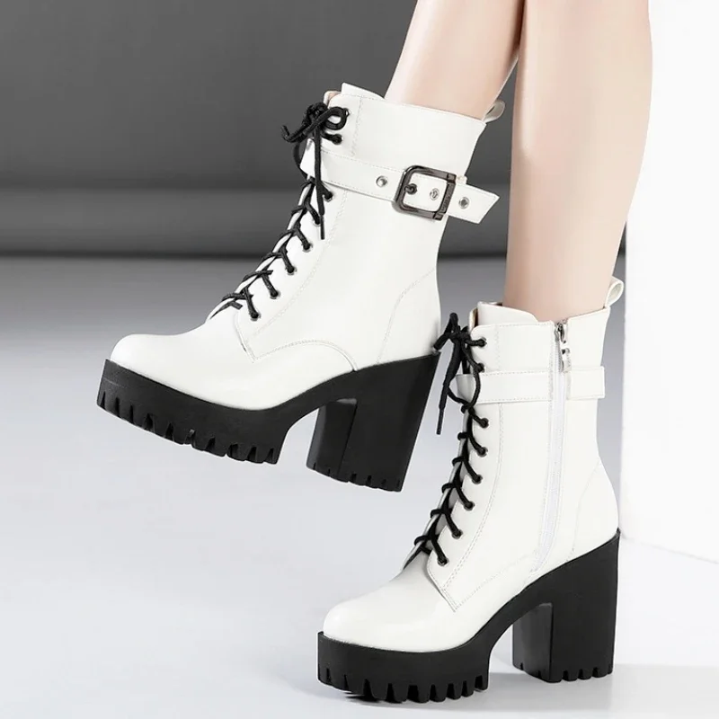 Small Size 32 33 34-43 Vintage Chunky Platform Shoes Winter 2024 Side Zip High Heels Motorcycle Ankle Boots with Warm Plush