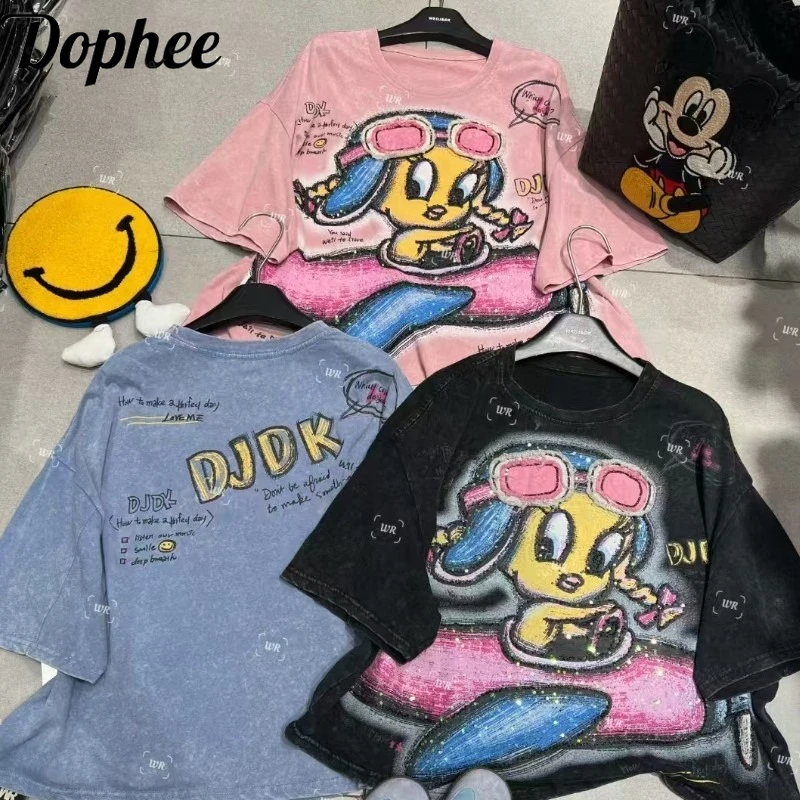 

Streetwear Loose Spring Summer Women T-shirt 2025 New Sequins Cartoon Printed O-neck Pullover Top Sweet Students Cotton Tees