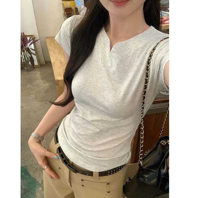 Slim Stretch Elastane Pink V-neck Short-sleeved T-shirt for Women Summer New Style Short Top Korean Fashion Cropped Tops Tees