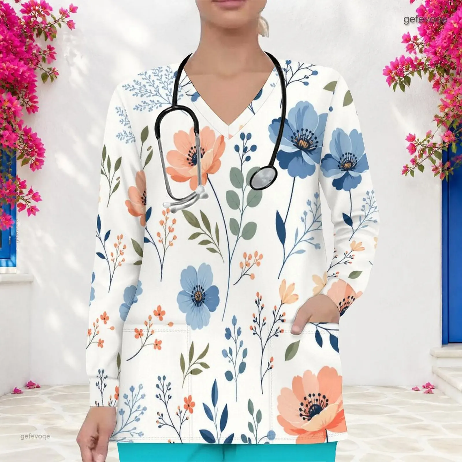 V Neck Long Sleeve Front Pockets Printed Scrub Top for Women