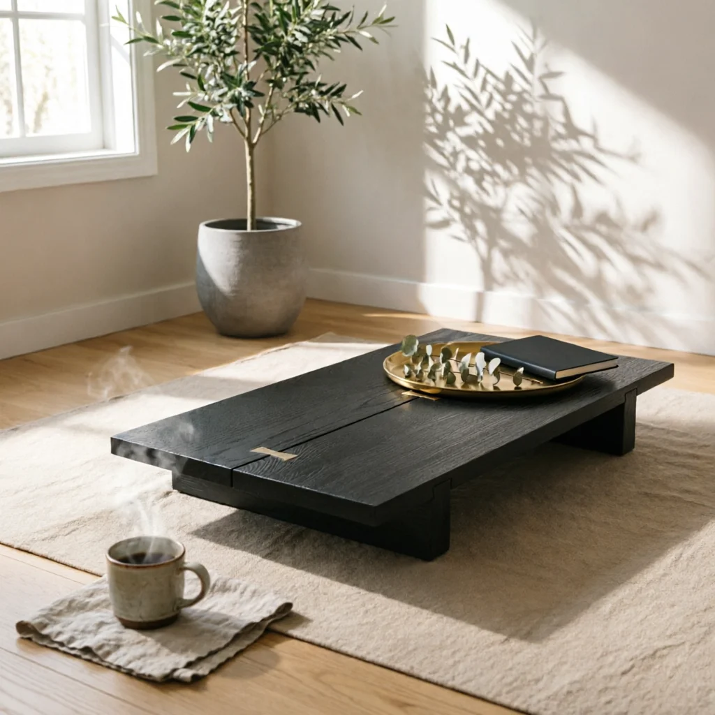Table with Brass Inlay Solid Wood Low Tea Table Furniture Space-Saving Sturdy for Small Rooms