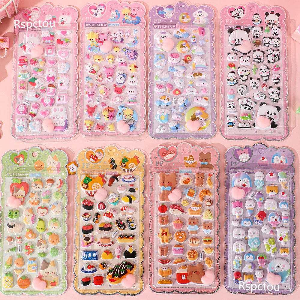 Kawaii Tier-Soft-Puffy-Aufkleber: Süße Cartoon-Kaninchen-, Katzen- und Hunde-Relief-Sticker für Laptop und Handy – Entspannungsgeschenke