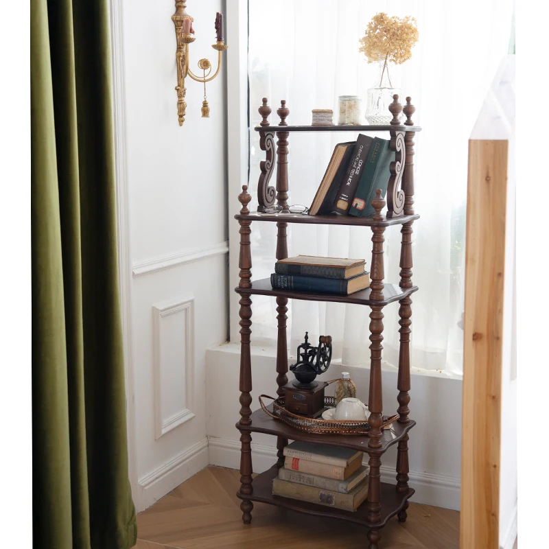 Retro Solid Wood Storage Rack Multi-layer Shelf Dishes Document Bookshelf Home Living Room Bedroom Display Rack