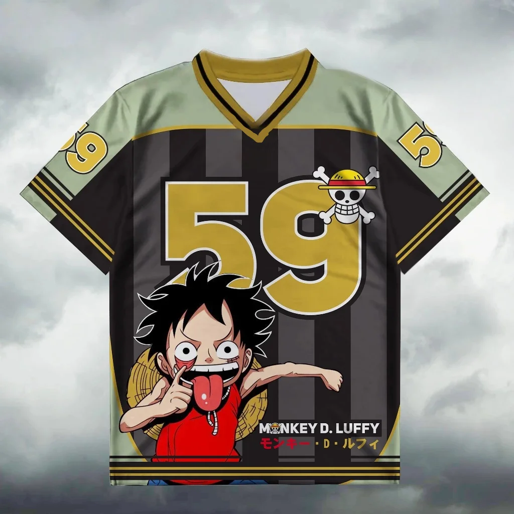 Camiseta de una pieza a rayas de Luffy, insignia de la tripulación del Sombrero de Paja, camiseta deportiva informal de manga corta con estampado 3D de anime.