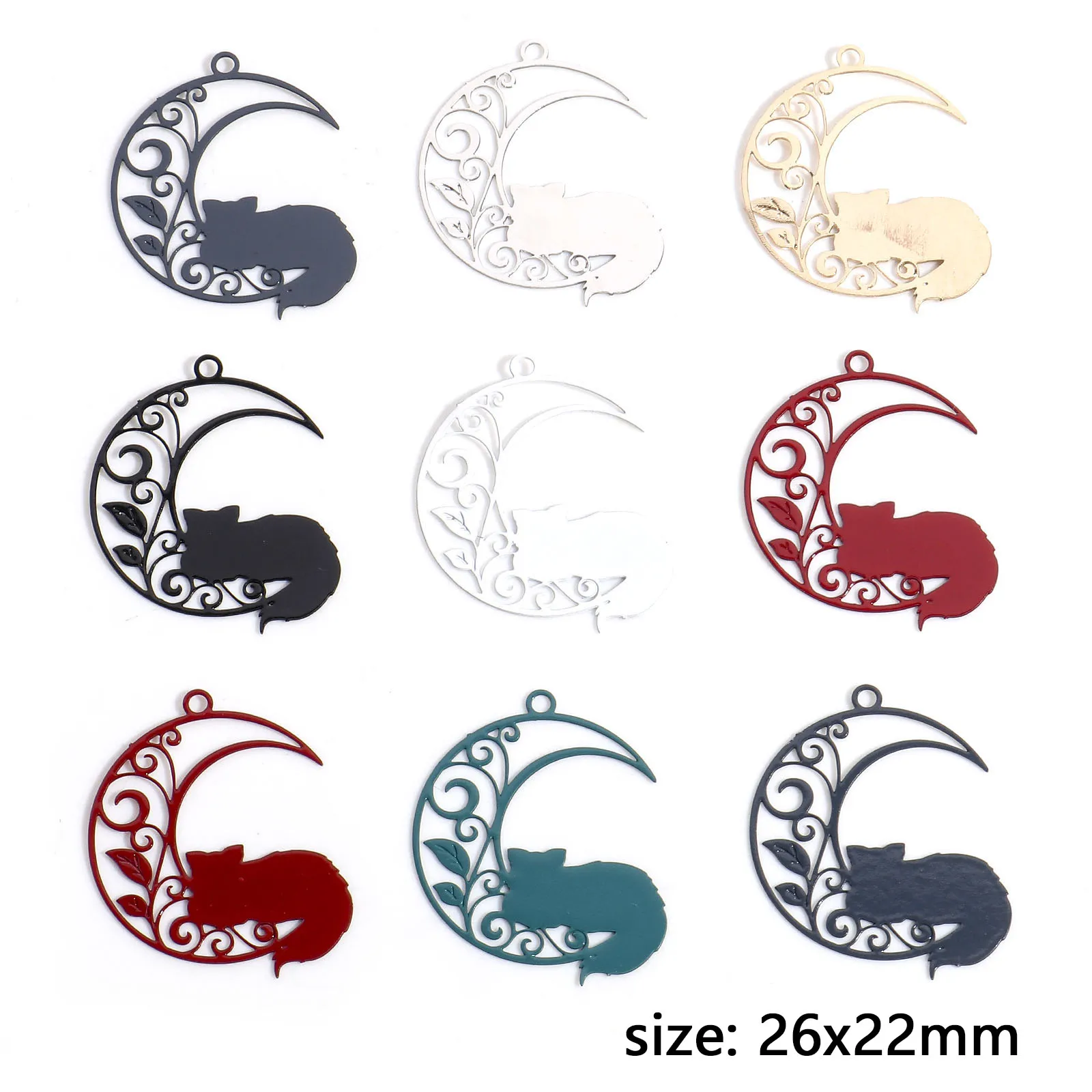 10 sztuk filigranowe stemplowanie ze stopu żelaza wielokolorowe Half Moon kot puste wisiorki naszyjnik DIY kolczyki kobiety biżuteria 26mm x 22mm