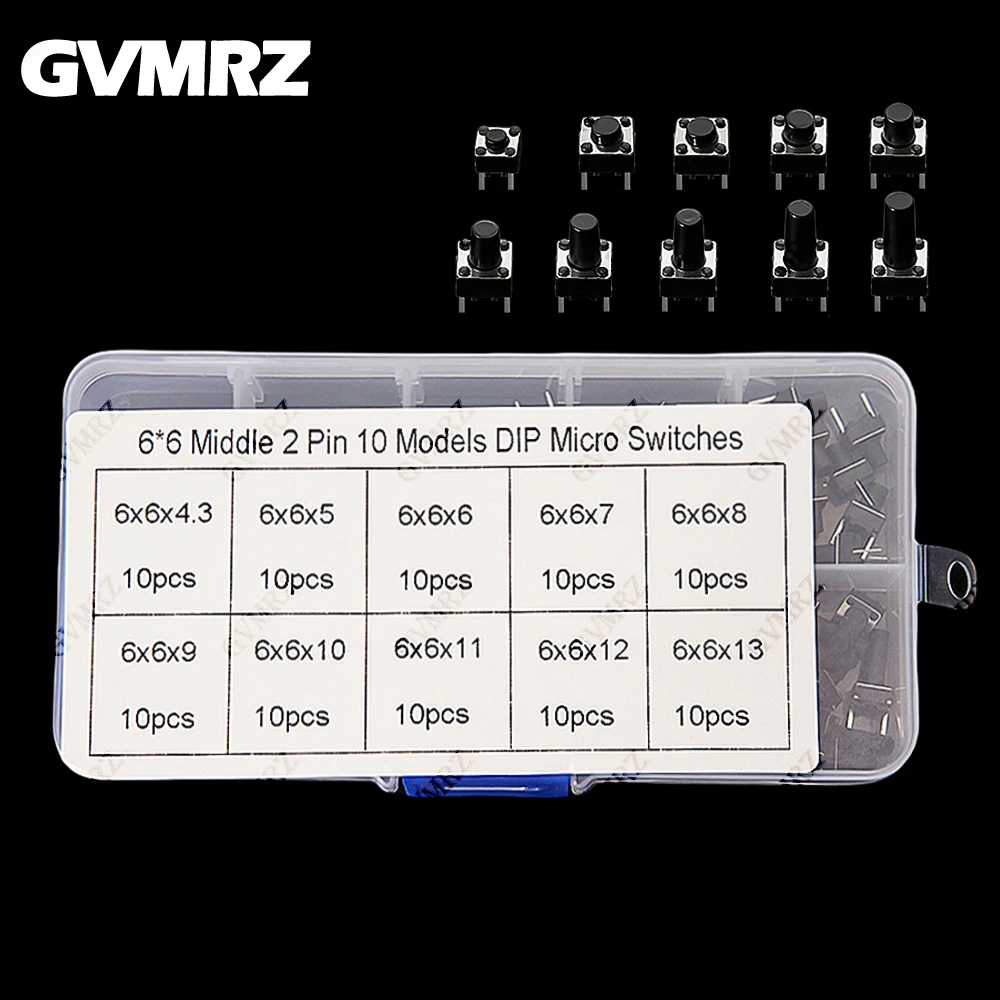 

10 значений, 100 шт., микротактильный переключатель, мгновенный тактовый DIP-переключатель, 2 контакта, 6x6 мм, микросенсорный кнопочный переключатель, высокий 5 мм, 6 мм, 8 мм, 9 мм