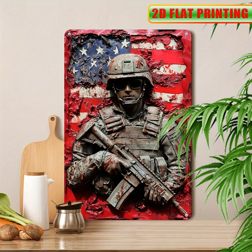 Patriotic Military Tribute Wall Art - UV-Printed American Flag,Soldier, , Weatherproof Aluminum with Pre-Drilled Holes for Easy