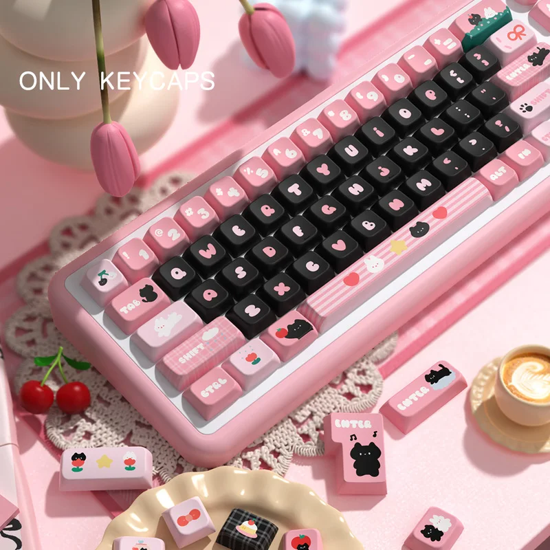 138 Keys Black Cat Keycaps Pbt Thermal Sublimation  Mda Height Personalized Customization Original Black Pink Theme Cute Keycaps