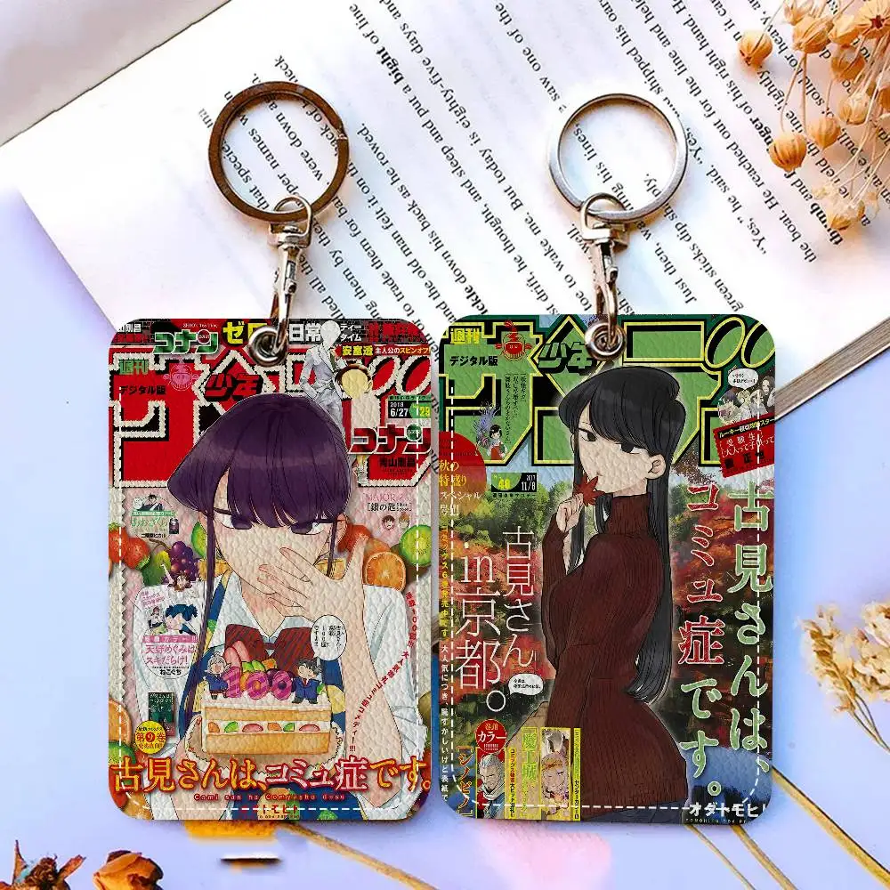 Anime Komi San Can't Communicate 1Pc PU Leather Card Holder Keychain Key Ring Door Lock Access Tags ID Card Case Keychain Card
