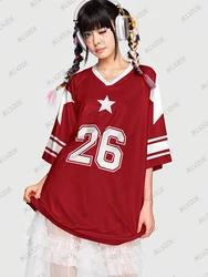 Oversized T-shirt For Women V-Neck Short Sleeve 2025 Summer New Red Patchwork Streetwear Tops Casual Football Jersey Y2k Tees