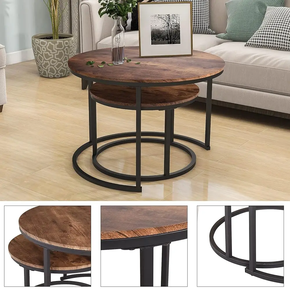 Industrial Round Coffee Table Set Of 2 End Table For Living Room,Stacking Side Tables, Sturdy And Easy Assembly,Wood Look