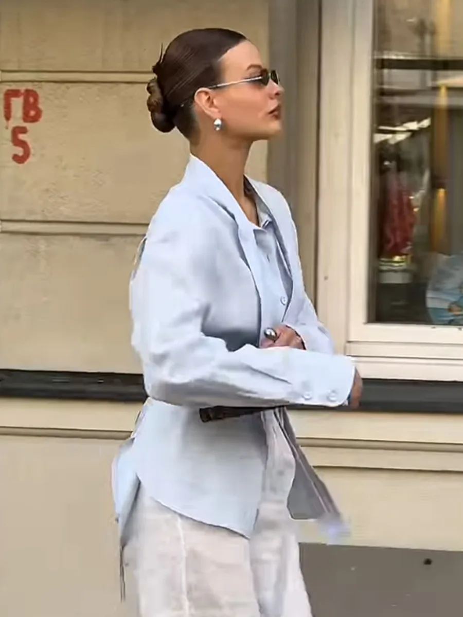 TWOTWINSTYLE Blue Spliced Ribbon Shirt for Women Lapel Long Sleeve Tunic Slimming Commuting Cotton Shirts Female 2025 Autumn New