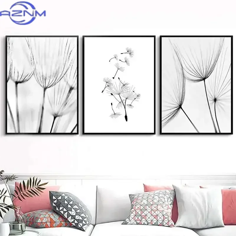 Nordic Minimalist Black White Dandelion Blooming Flower Canvas Prints Modern Wall Art Picture For Living Room Home Decor