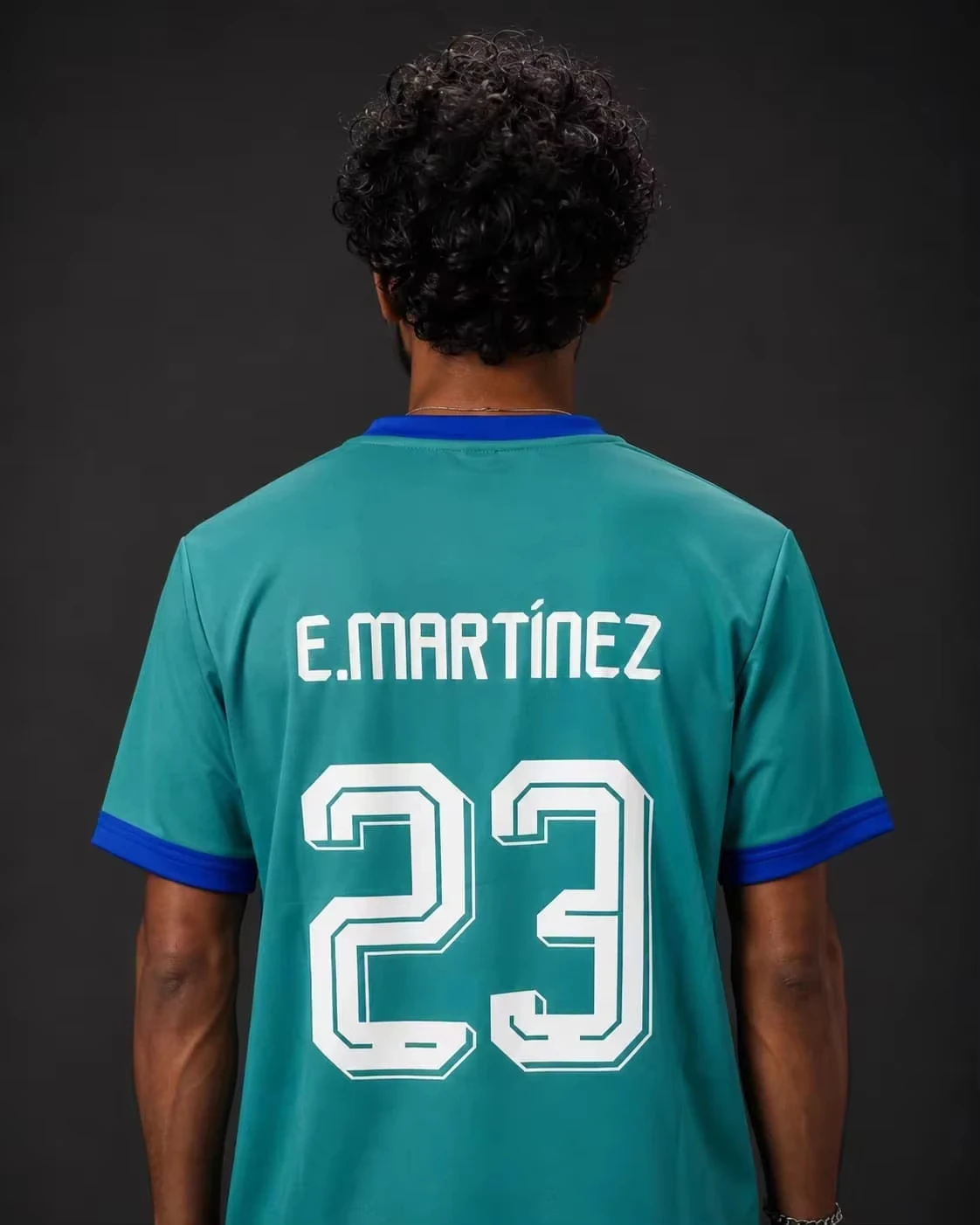 2026 new soccer jersey teal body blue trim on collar and cuffs white player name number printed on back, breathable athletic fit