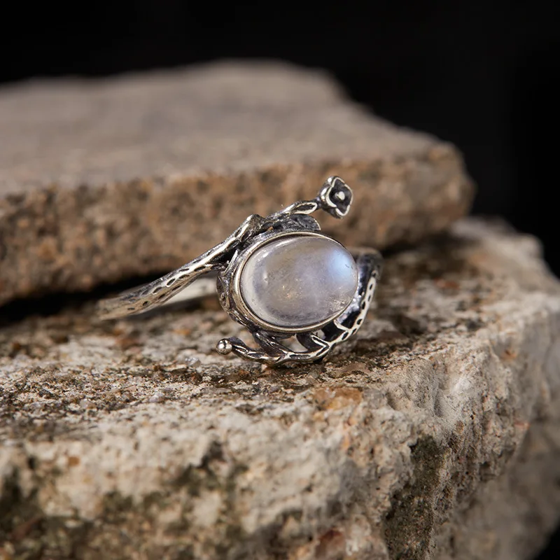 

S925 Sterling Silver Moonstone Ring Adjustable Open Band Natural Gemstone Healing Jewelry Love Anniversary Gift for Her