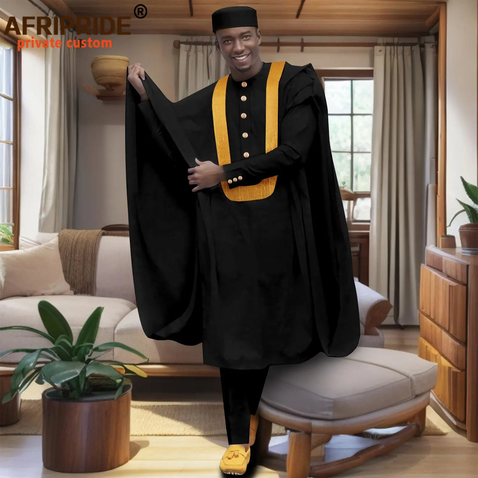 African Men Traditional Clothing Embroidery Single Breasted Agbada Robe Shirts Pants and Hats 4 Piece Set Tribal Outftis 2516008