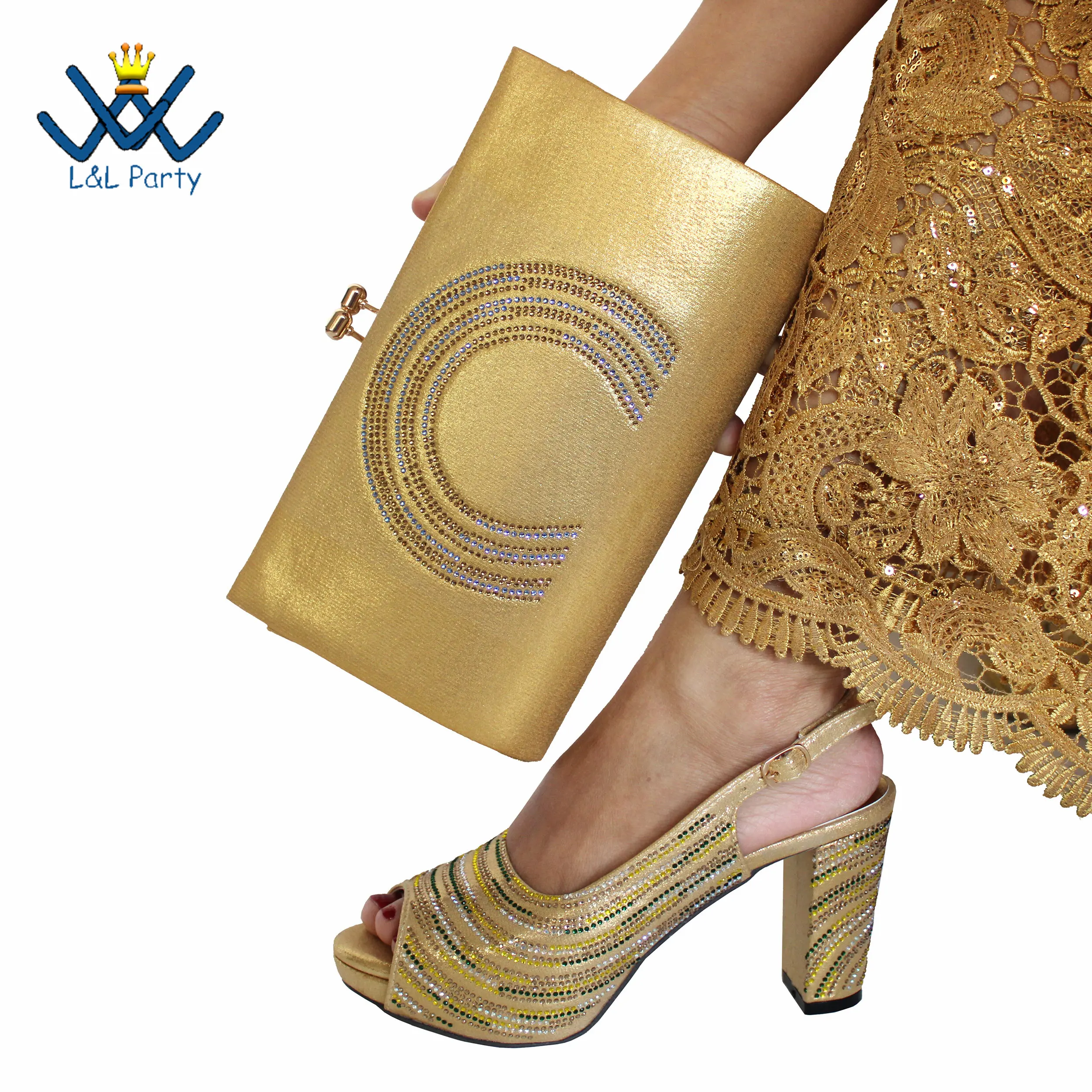2023 New Design African Women Shoes and Bag Set Peep Toe Gold Color with Shinning Crystal for Wedding Party