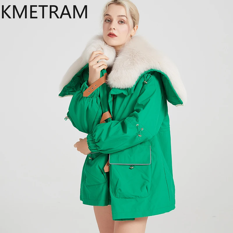 KMETRAM ملابس بطانة من فراء أرنب ريكس الطبيعي للنساء بياقة من فرو الثعلب سترة متوسطة الطول معاطف شتوية دافئة من الفرو لعام 2025