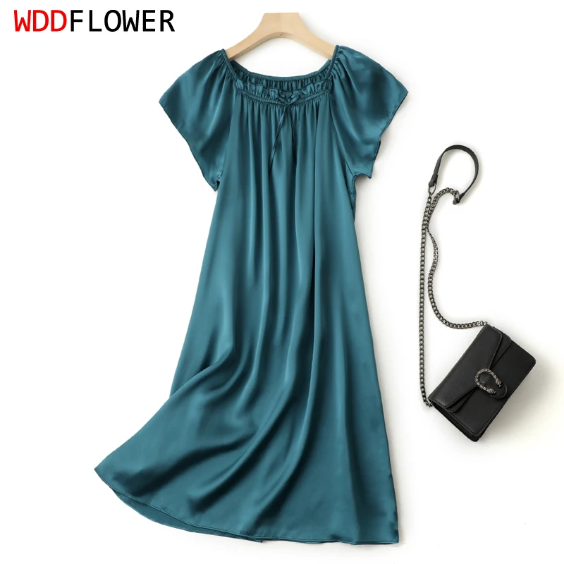 Women Silk Night Dress 100% Mulberry Silk Nightgown Home Dresses Sweet Solid More Colors Sleepwear FF035