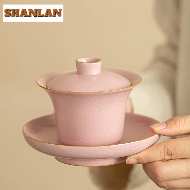 150ml Handamde Powder Ru Kiln Gaiwan Elegant Respectful Sancai Sopera Tea Tureen Tea Making Cover Bowl For Tea Supplies Craft