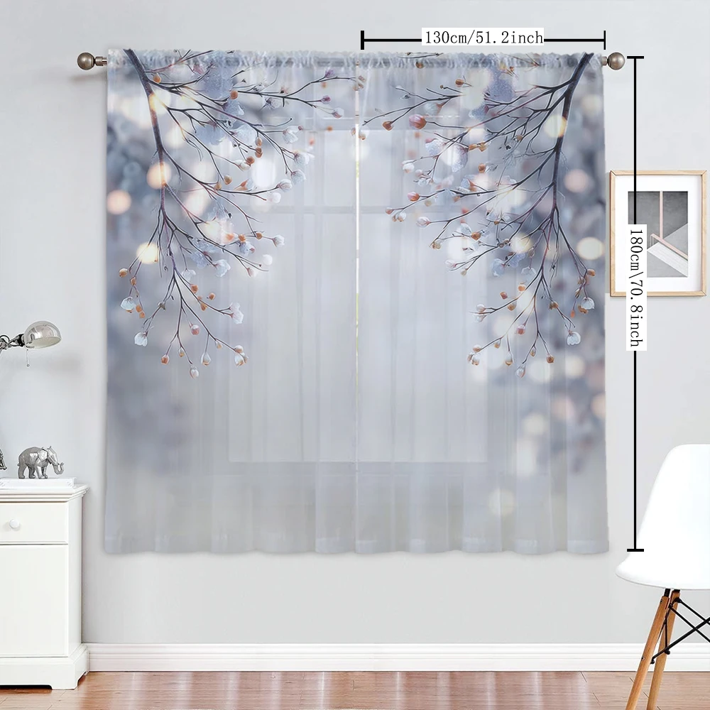 2Pcs Dreamy White Flower Bud Branch Print Home Decoration Window Screens Suitable For Coffee Shops, Restaurants, Bedrooms