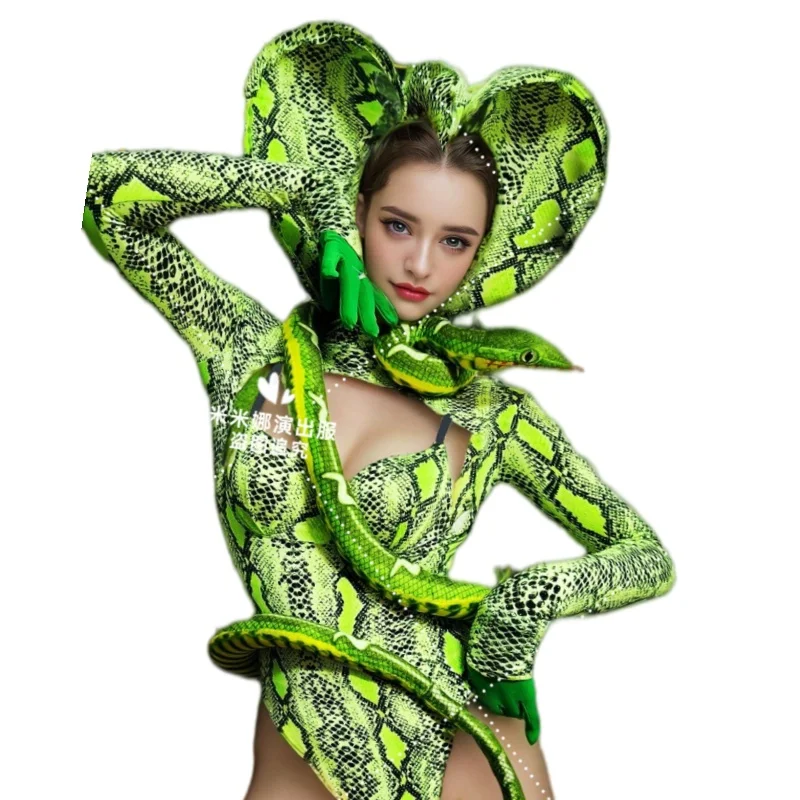 Body Sexy con Estampado de Serpiente para Mujer, Disfraz de Halloween con Accesorios para la Cabeza, Atuendo de Animal para Festivales, Ropa para Bailar en Escenario