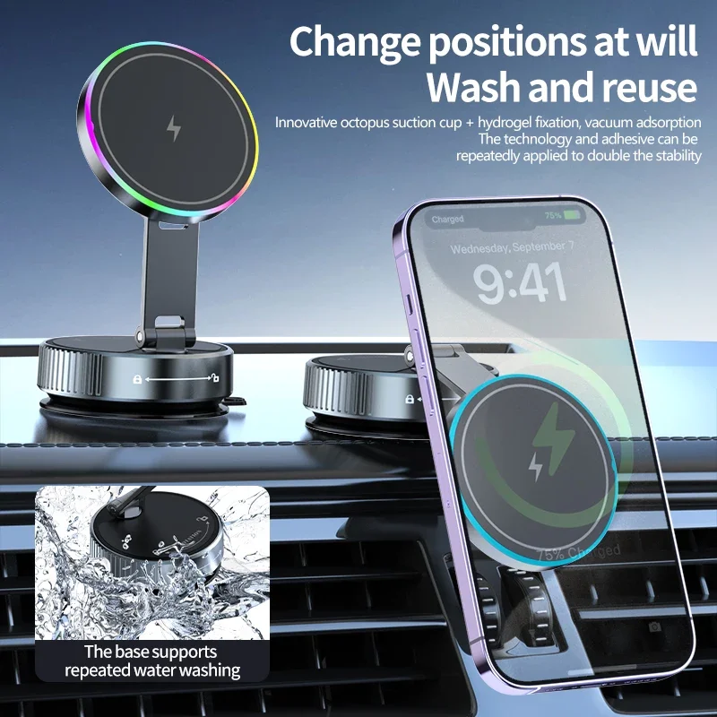 

Car Phone Holder with RGB Light Wireless Car Charger 360 Rotatable and Foldable Suction Cup Vacuum Magnetic Phone Holder