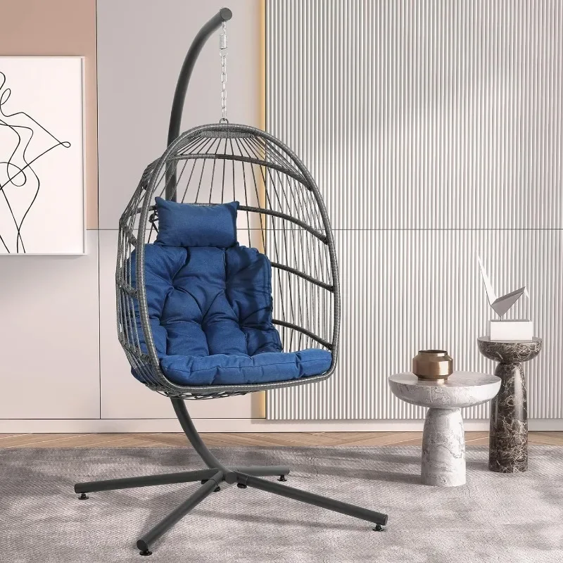 Egg Chair with Stand, Hanging Egg Swing Hammock Chair with Stand, Indoor Outdoor Wicker Egg Chair with Cushion Headrest