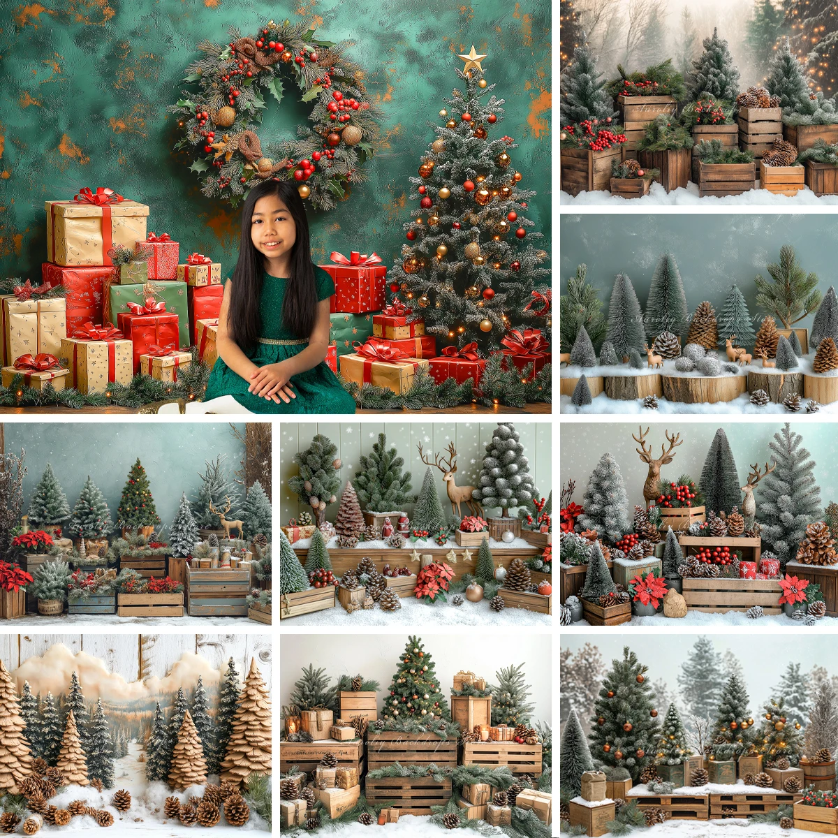 Christmas Tree Snow Scene Backgrounds Adult Family Photography Props Child Baby Decors Wreath Pine Cones Photo Studio Backdrops