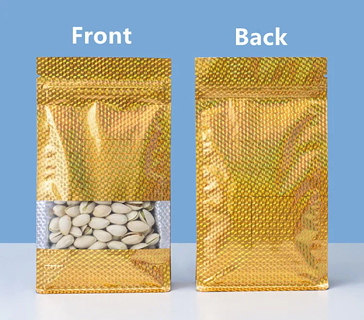 50PCS Laser Gold Aluminum Foil Window Bag 3D Golden Snack Tea Nuts Spice Sugar Candy Biscuit Chocolate Beaf Gift Storage Pouches