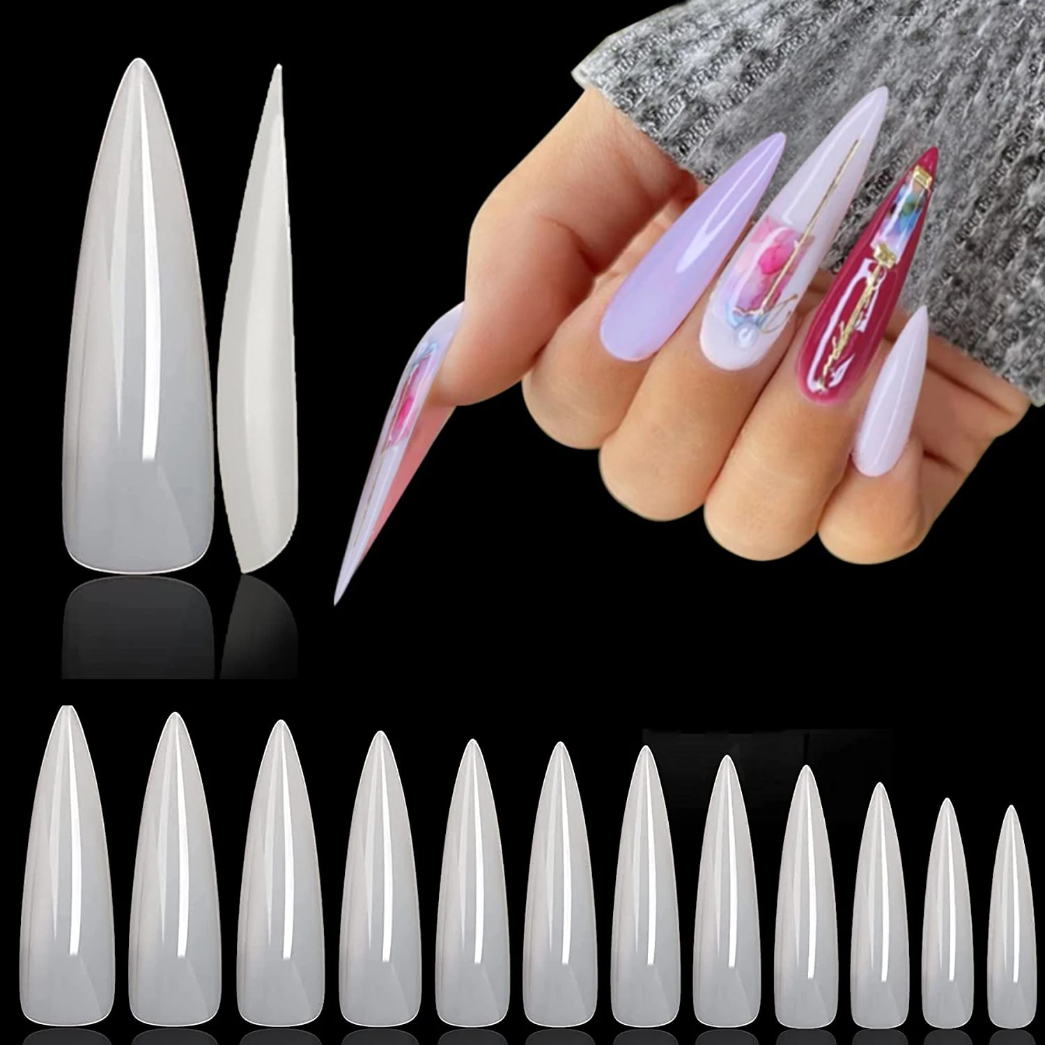 XXL Stiletto Nail Tips 500pcs -Extra Long Press on Fake Nails-Glossy Matte Acrylic Nails for Women-Salon DIY Halloween Christmas