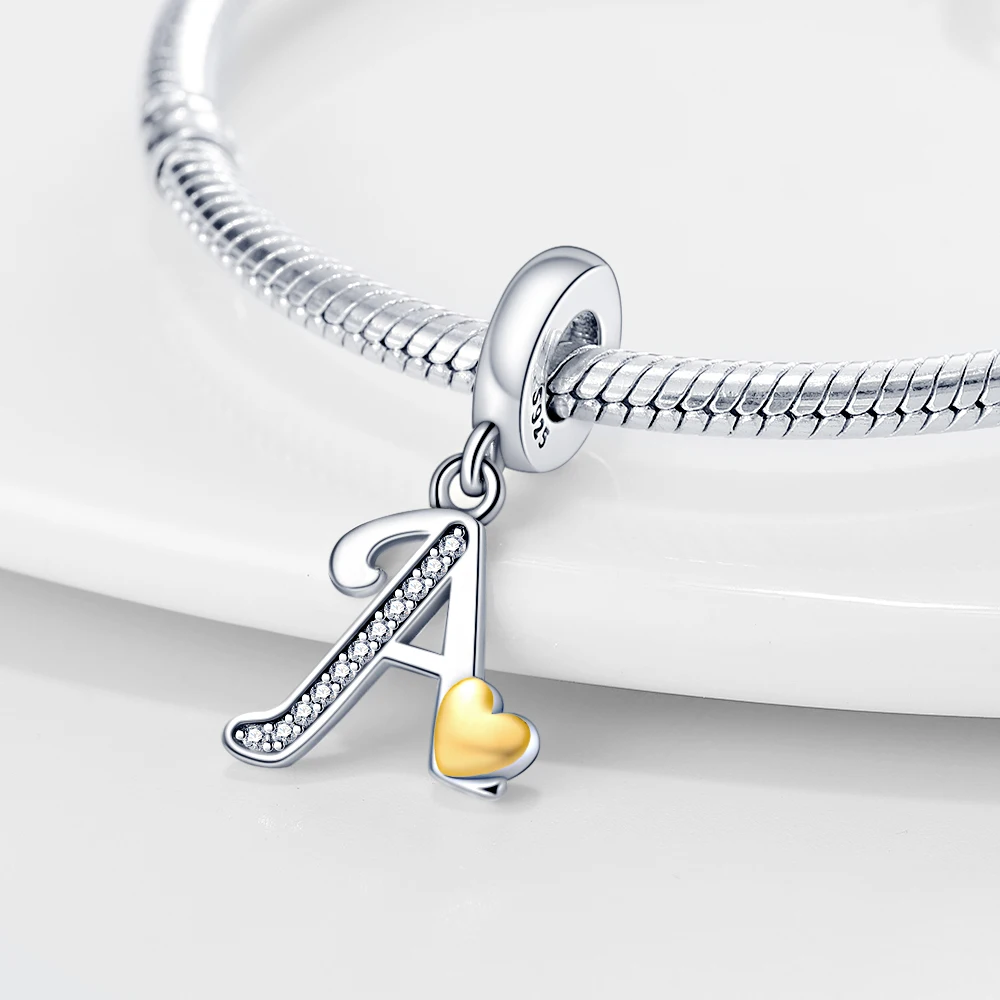 Original 925 Sterling Silver Charm Beads Classic Gold Heart-Shaped 26 Letters Pendant For Bracelet DIY Charm Birthday Jewelry