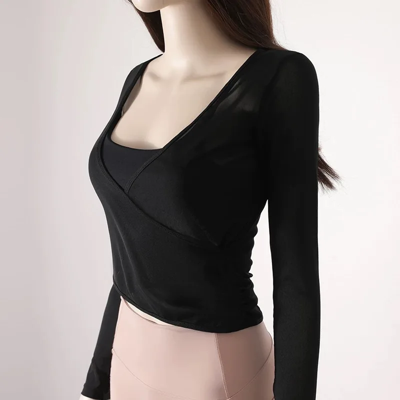 

Быстросохнущий спортивный топ для йоги с v-образным вырезом и перекрестной талией, сетчатый дышащий фитнес-накидка с длинными рукавами для женщин