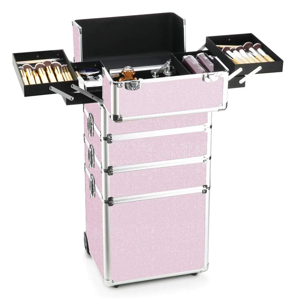 

Makeup Case - 4 in 1 Professional Cosmetics Rolling Train Organizer with Aluminum Frame and Folding Trays Pink Diamonds