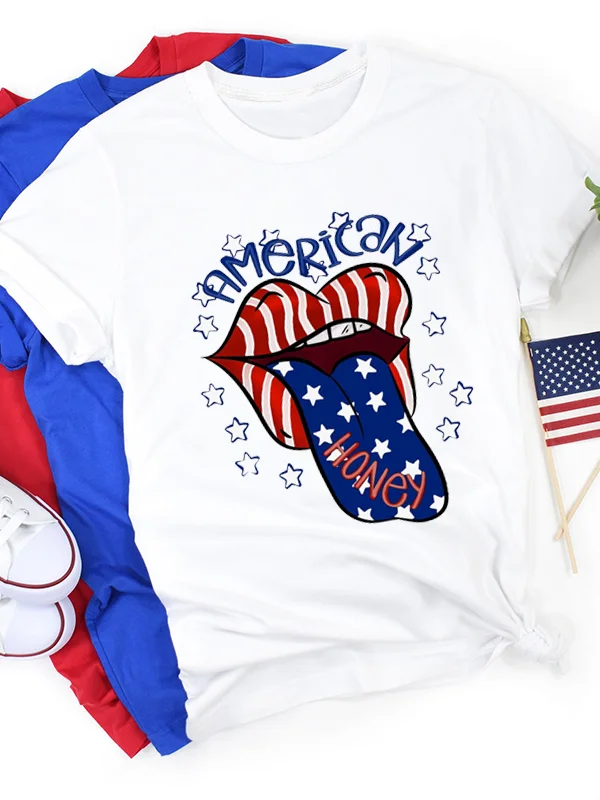 2024 New Trend Independence Day Female T-shirt Funny Cartoon with The American Flag on His Lips and Tongue Print Women Shirt