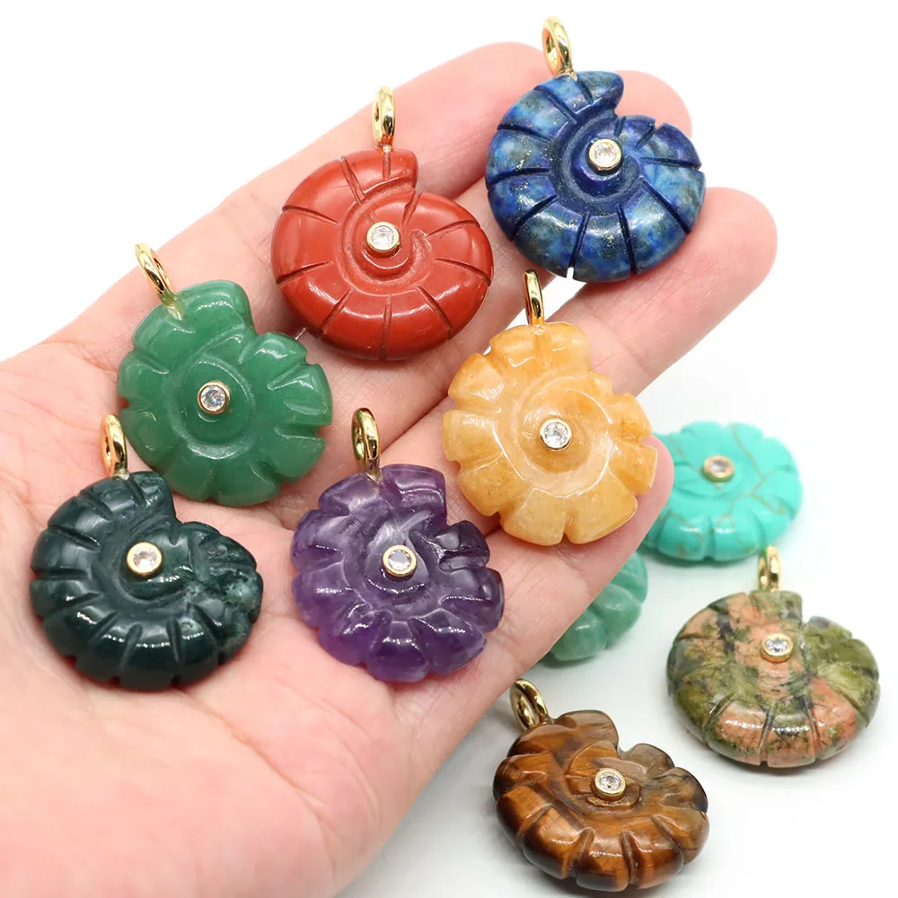 26mm Ammonite Snail Shape Crystals Stones with Zircon Natural Amethyst Quartz Carved Gemstone Charms for DIY Jewelry Accessory