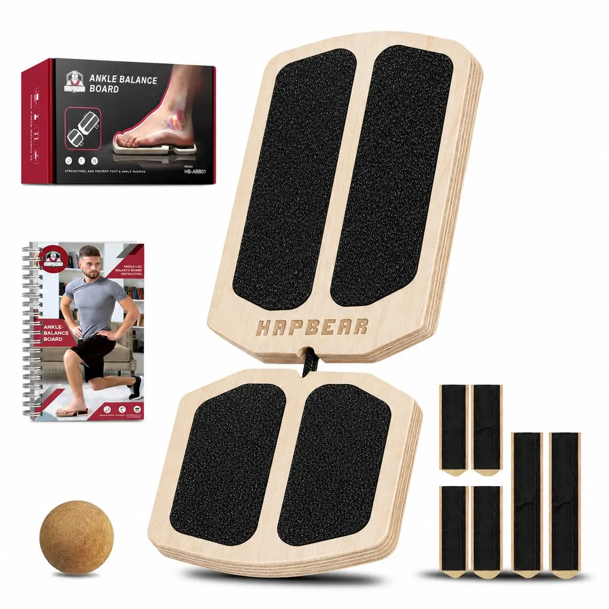 HAPBEAR Ankle Strengthening Balance Board, Wooden Wobble Board Ankle Trainer, Multi-Directional Single Leg Stability & Proprioception Training Equipment with 3 Rollers, Cork Ball & Training Guide for Ankle Recovery, Yoga, Pilates, Athletes Seniors