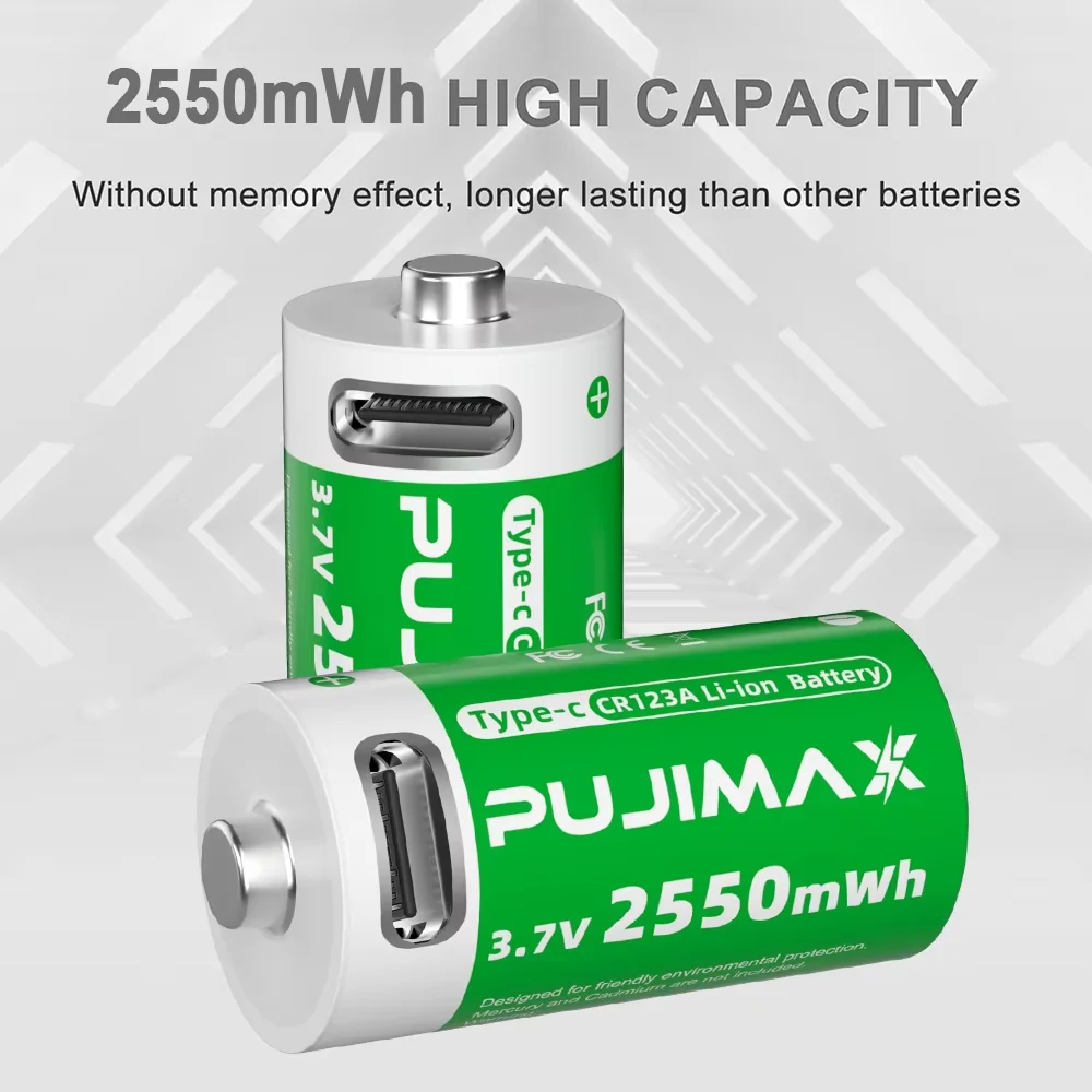 PUJIMAX 3.7V CR123A Battery 800mAh 2550mWh Li-ion Rechargeable RCR123 16340 Batteries For LED Flashlight 16340 16350 CR123A Batt